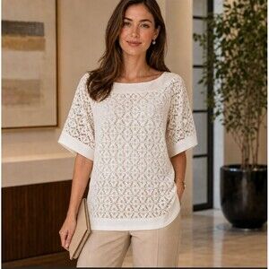 Lafayette 148 Linen Cotton Crochet Top Size XS White Boxy Short Sleeve  Elegant